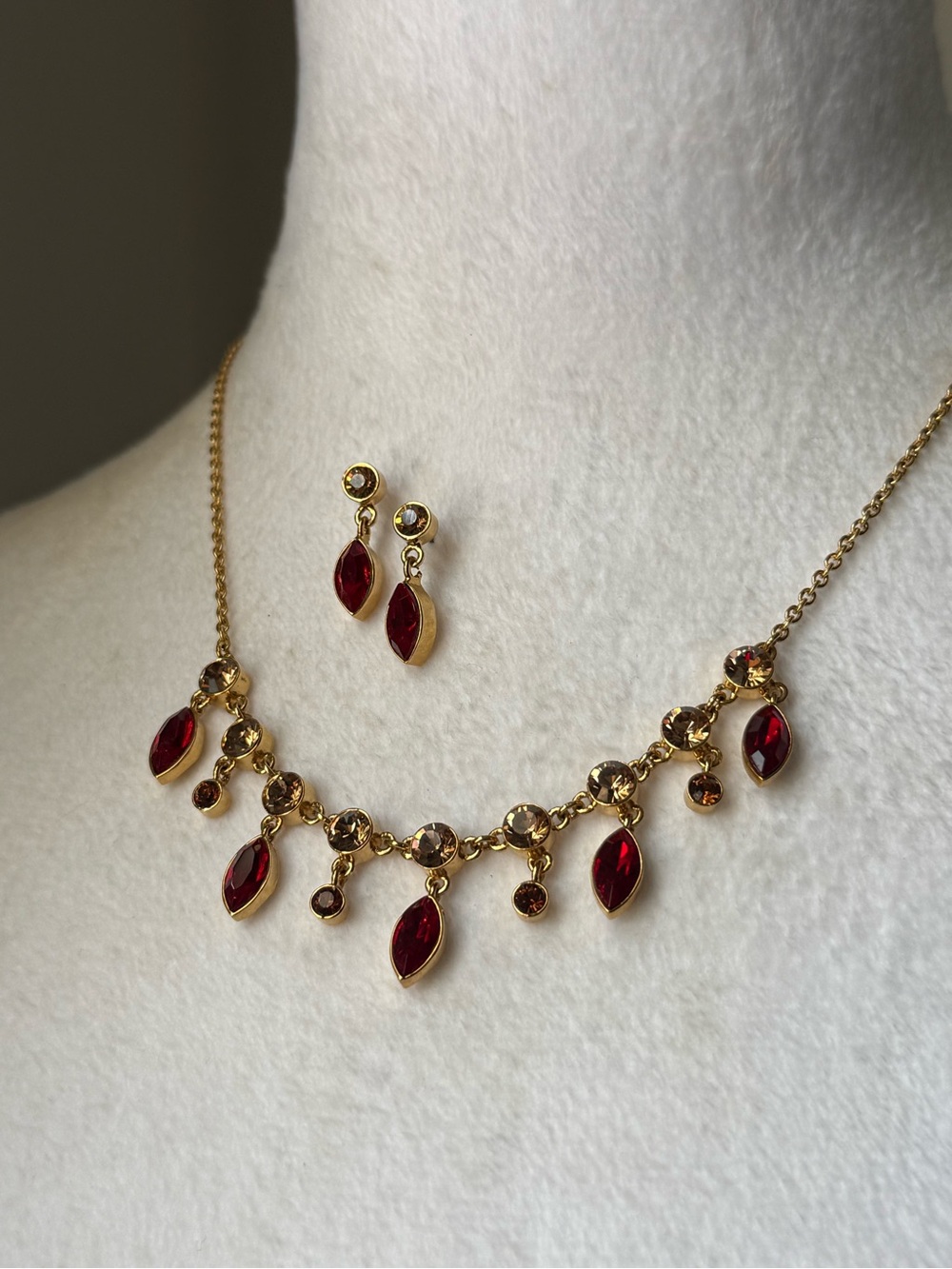 Gold-Tone Red Crystal Drop Necklace & Earring Set